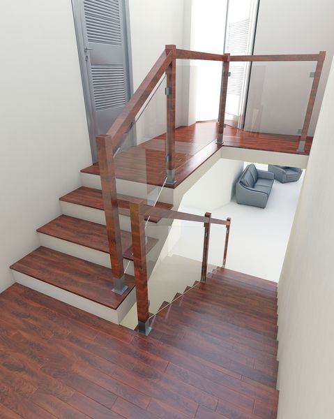 Balustrada drewniana w formie ramowej, wypełnienie szkło bezpieczne hartowane